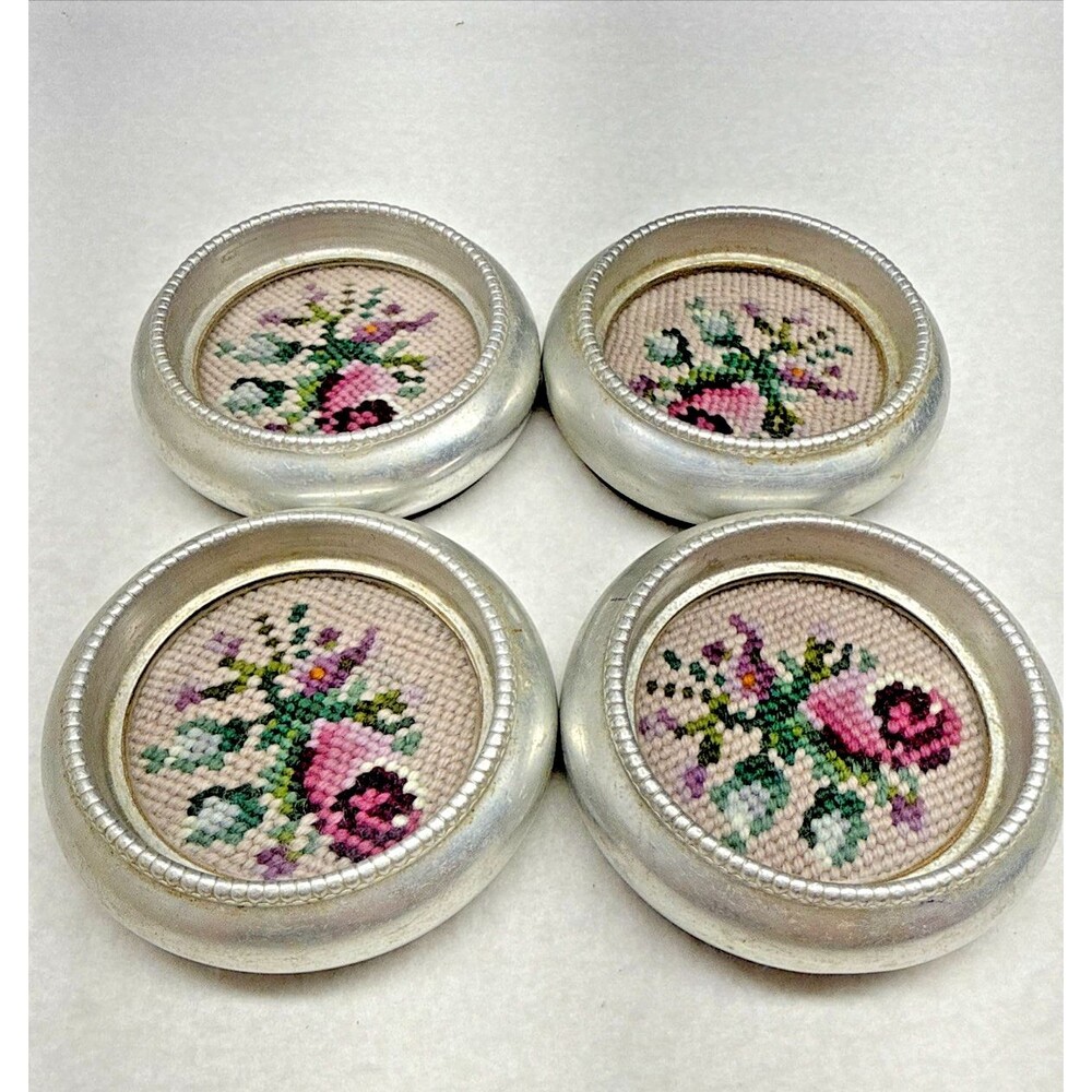 4 Vintage Frank M. Whiting 4" Coasters Mid Century MCM Cross Stitch Floral